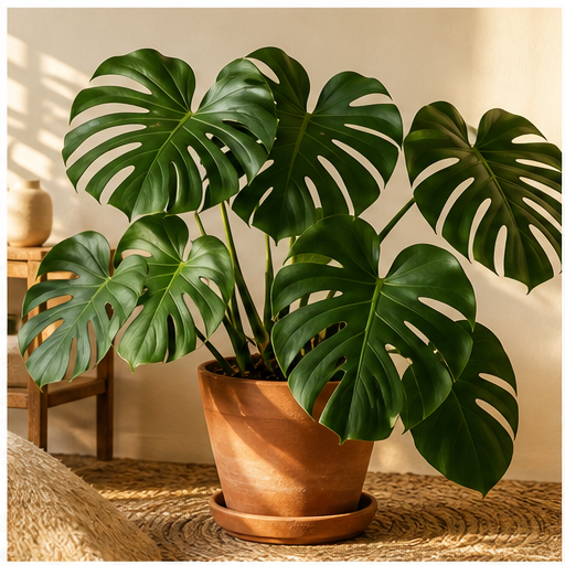 Beautiful potted monstera in warm natural light